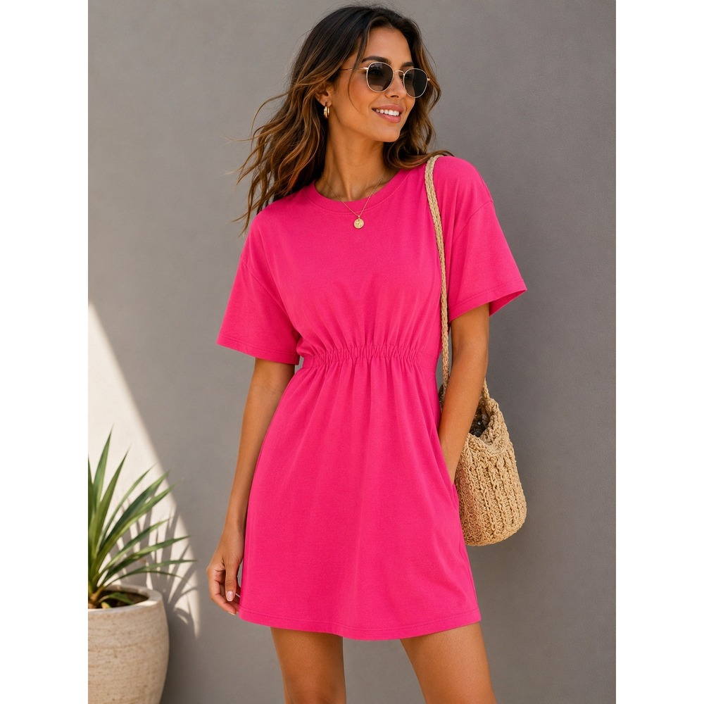Zara Bright Pink Gathered Waist Mini‎ T-Shirt Dress Size Small